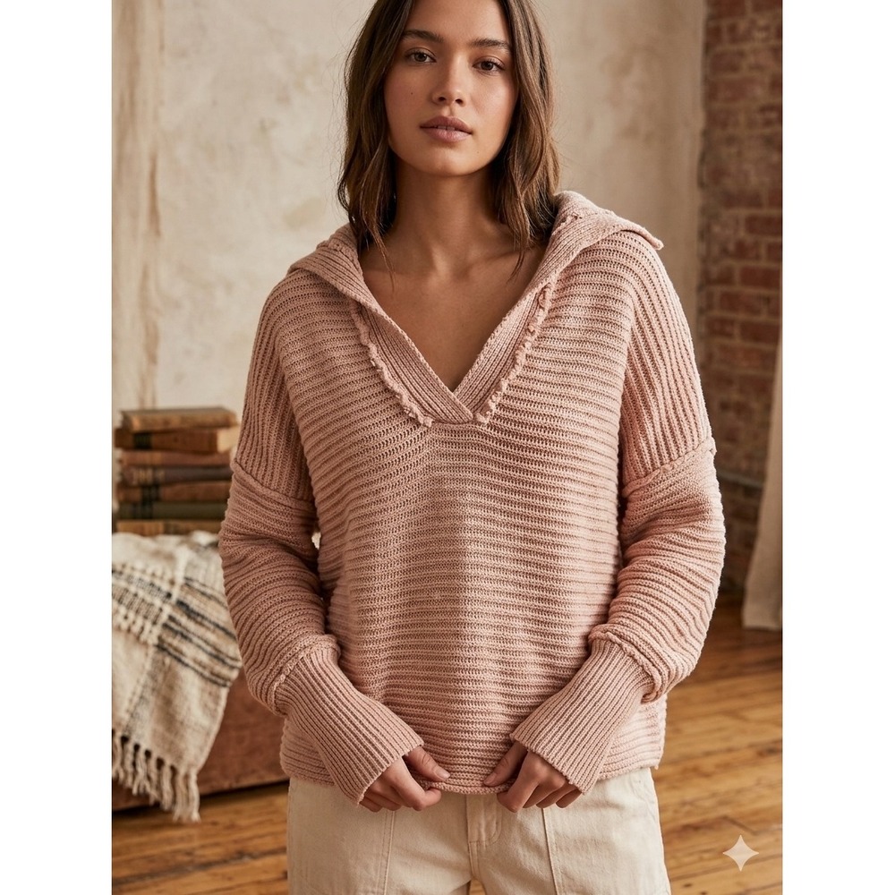 Free People Marlie Ottoman Slouchy Tunic V-Neck Ribbed Sweater Pink XS Boho Fall